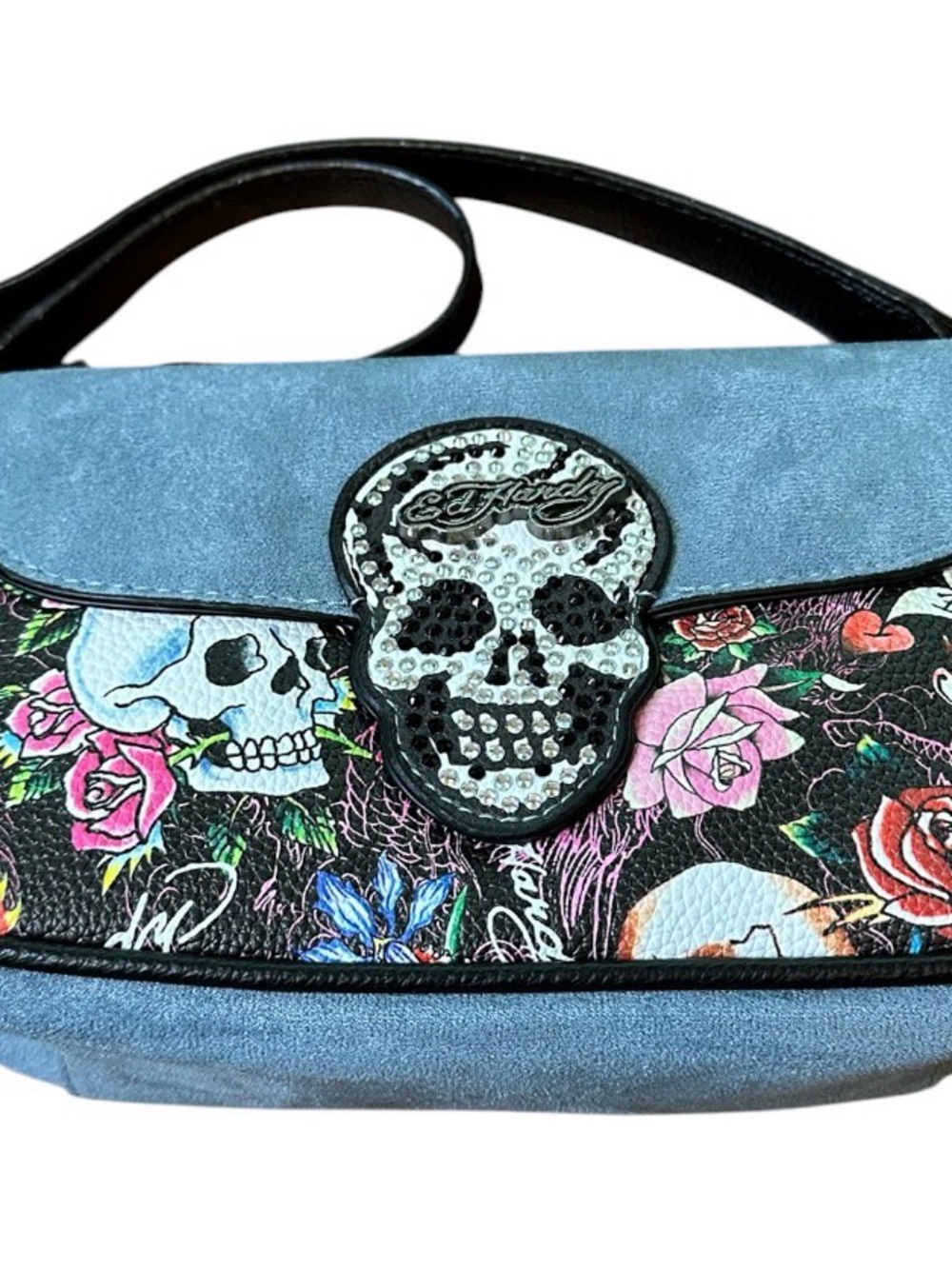 NWT Ed Hardy Blue and Black Floral Rhinestone Skull Crossbody Bag